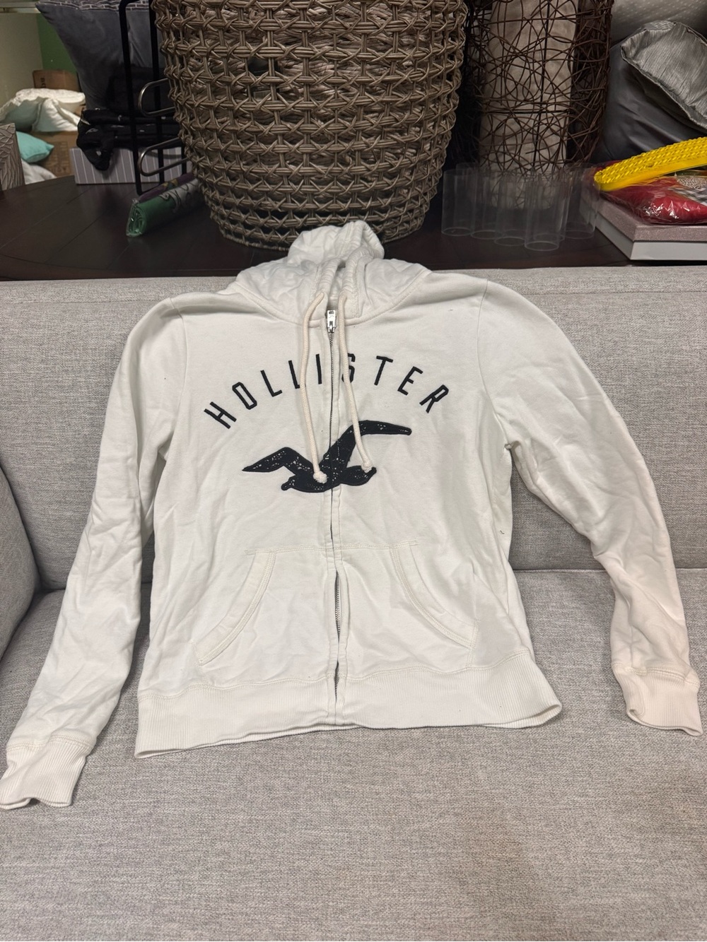Hollister White Zip Hoodie with Navy Seagull Logo